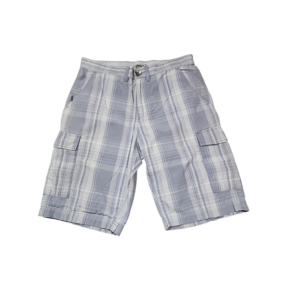 DKNY Cargo Shorts sz29 30x10 Men Plaid White Gray Cotton Surfer Skater Prep 20"